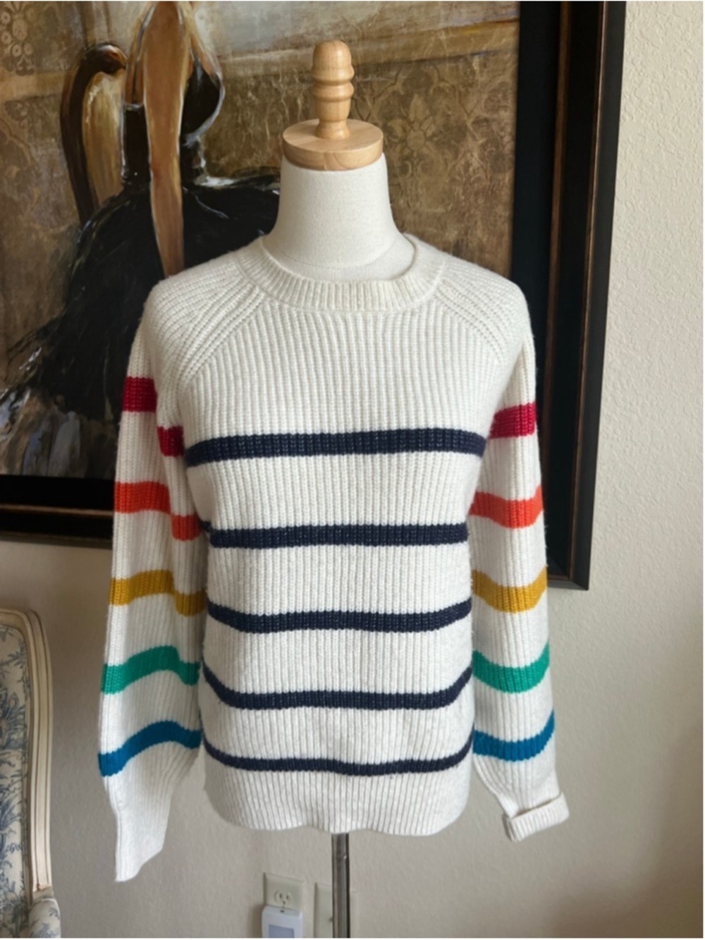 Women's Joules White Rainbow Stripe Crew Neck Sweater Size 8 - Picture 2 of 8